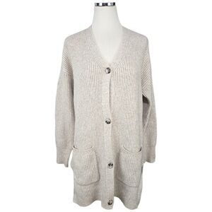 Jessica Simpson Cardigan L Beige Longline Chunky Rib Knit Button Pocket Sweater